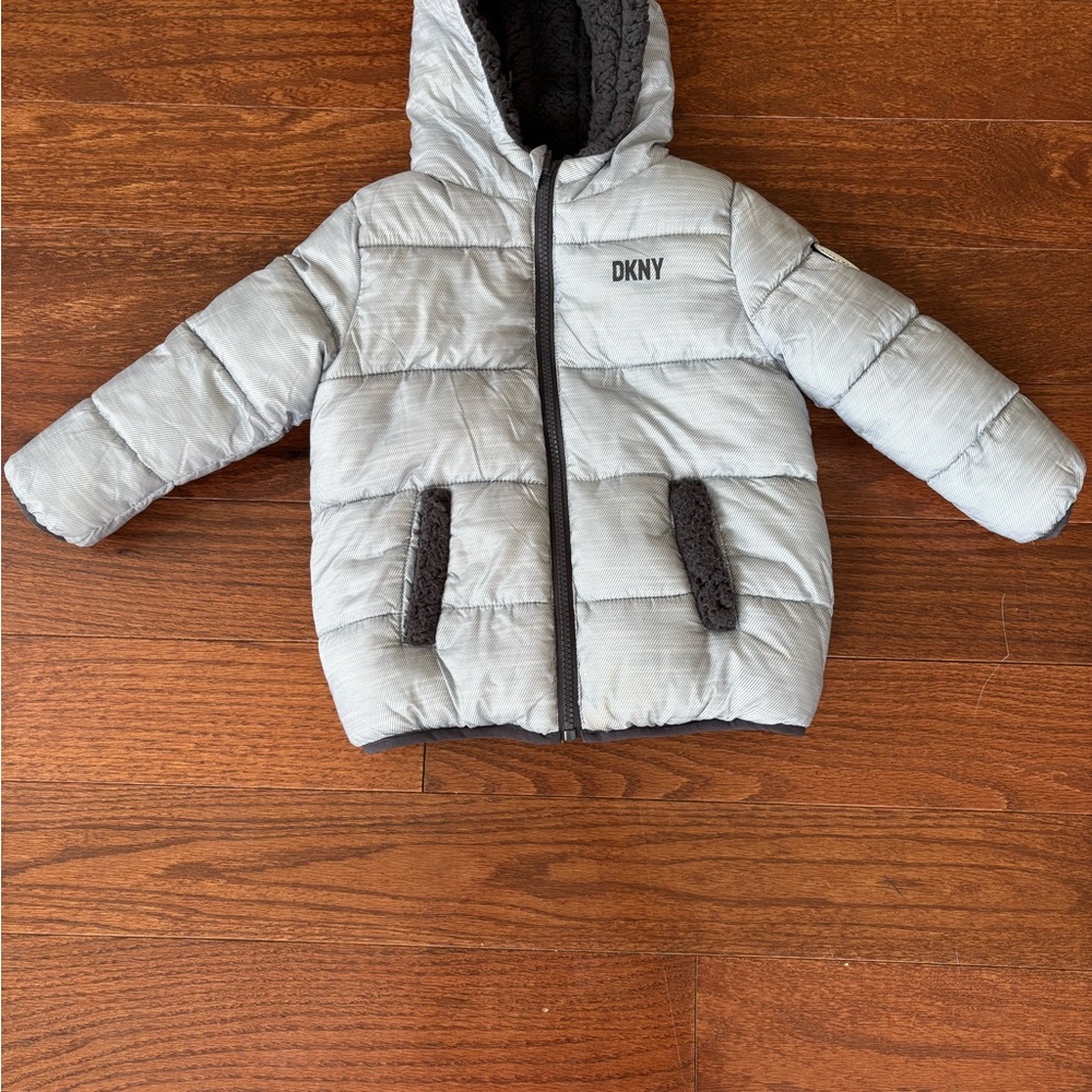 DKNY Silver Puffer Jacket with Black Accents